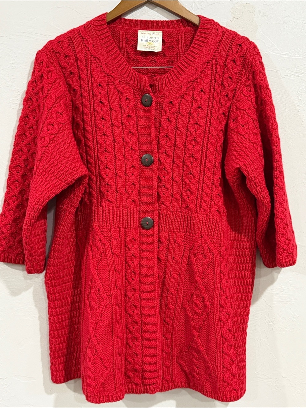 Vintage Kilronan Knitwear Red Merino Wool Irish Cable Knit 3/4 Sleeve Cardigan